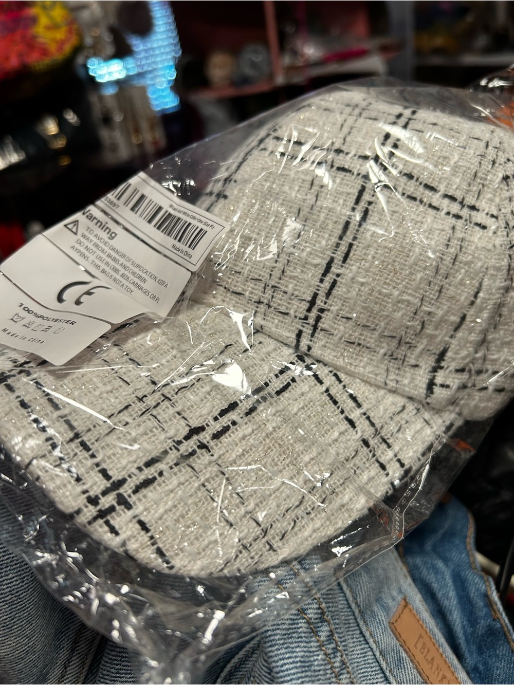 Textured Tweed Baseball Cap in Ivory with Black Grid